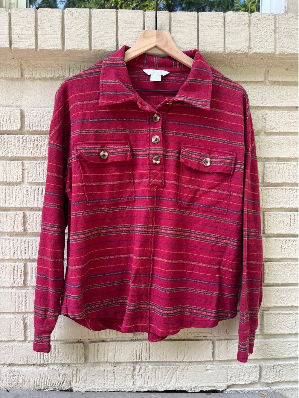 Natural Reflections Blanket Distressed Pullover S Small Stripe Cropped Flannel